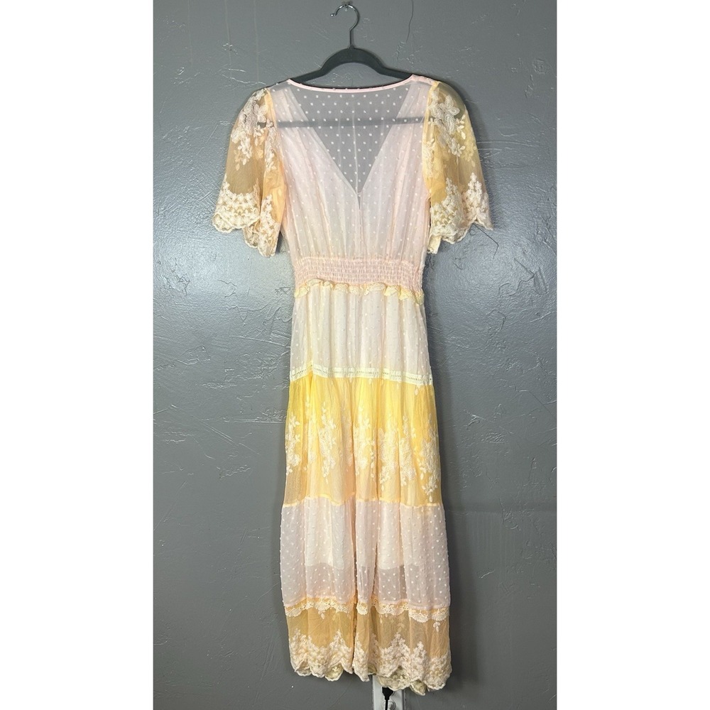 Yellow Pink Maxi Dress Polka Dots Floral Lace Smocked Waist Flutter Sleeve Small - Picture 3 of 10